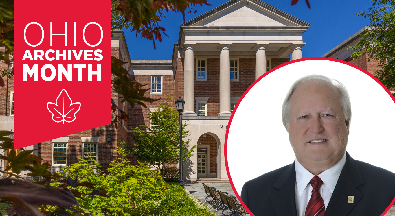 A headshot of Don Crain in a circle on top of an image of the front of King Library. A red banner in the top left corner reads Ohio Archives Month and has an ivy leaf on it. 